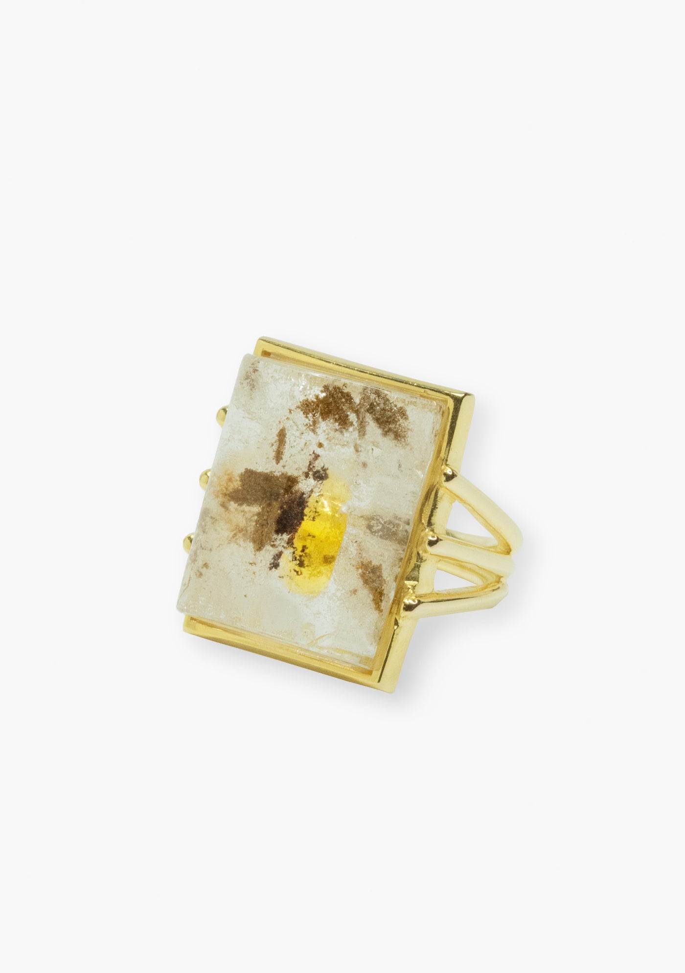 ANILLO RECTANGULAR DE PLATA BAÑADO EN ORO AMARILLO 18 KT CON PIEDRA CUARZO HEMATOIDE