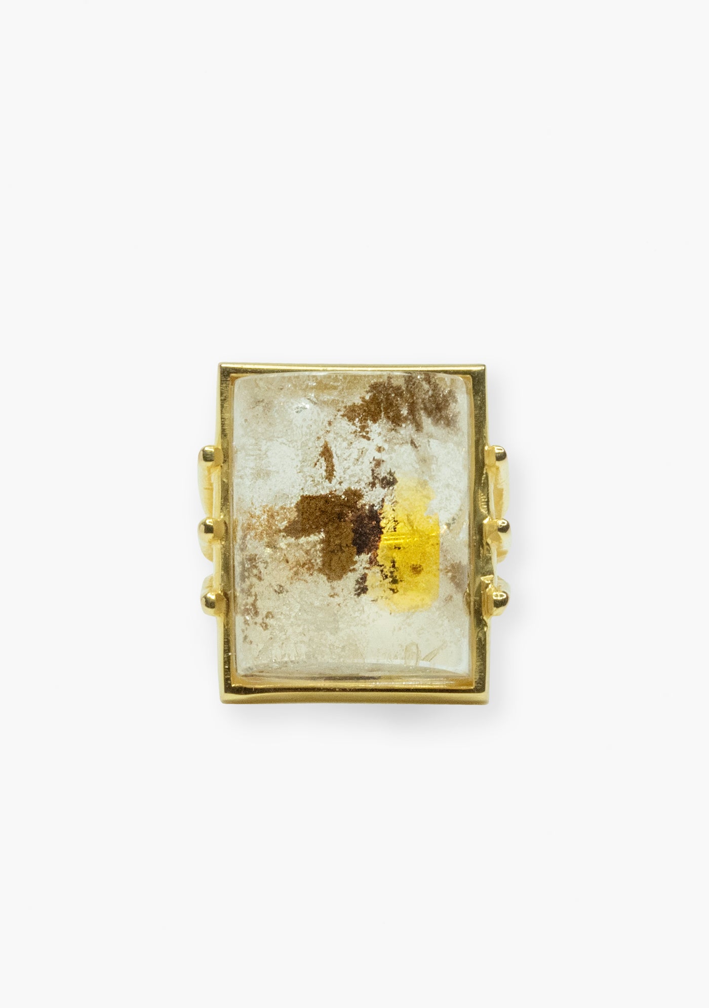 ANILLO RECTANGULAR DE PLATA BAÑADO EN ORO AMARILLO 18 KT CON PIEDRA CUARZO HEMATOIDE