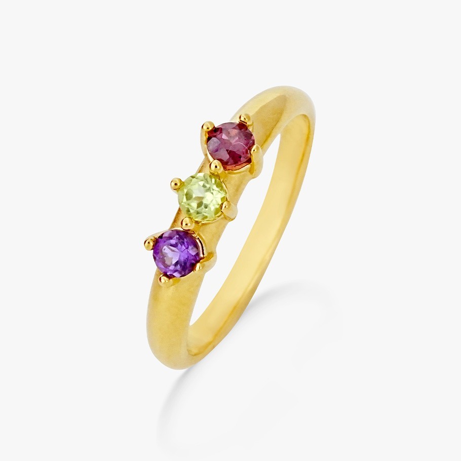 ANILLO DE PLATA BAÑADO EN ORO 18 KT AMARILLO CON RODOLITA, PERIDOTO Y AMATISTA
