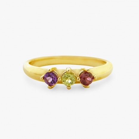 ANILLO DE PLATA BAÑADO EN ORO 18 KT AMARILLO CON RODOLITA, PERIDOTO Y AMATISTA