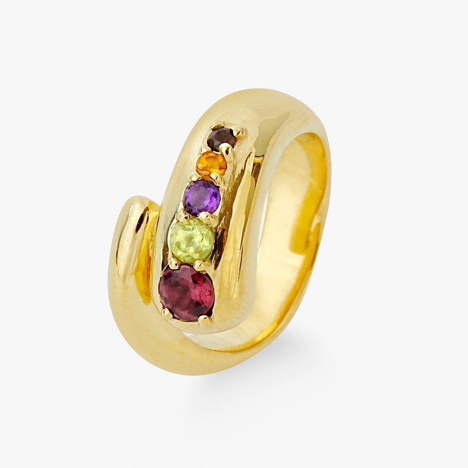 ANILLO DE PLATA BAÑADO EN ORO 18 KT AMARILLO Y GEMAS MULTICOLOR