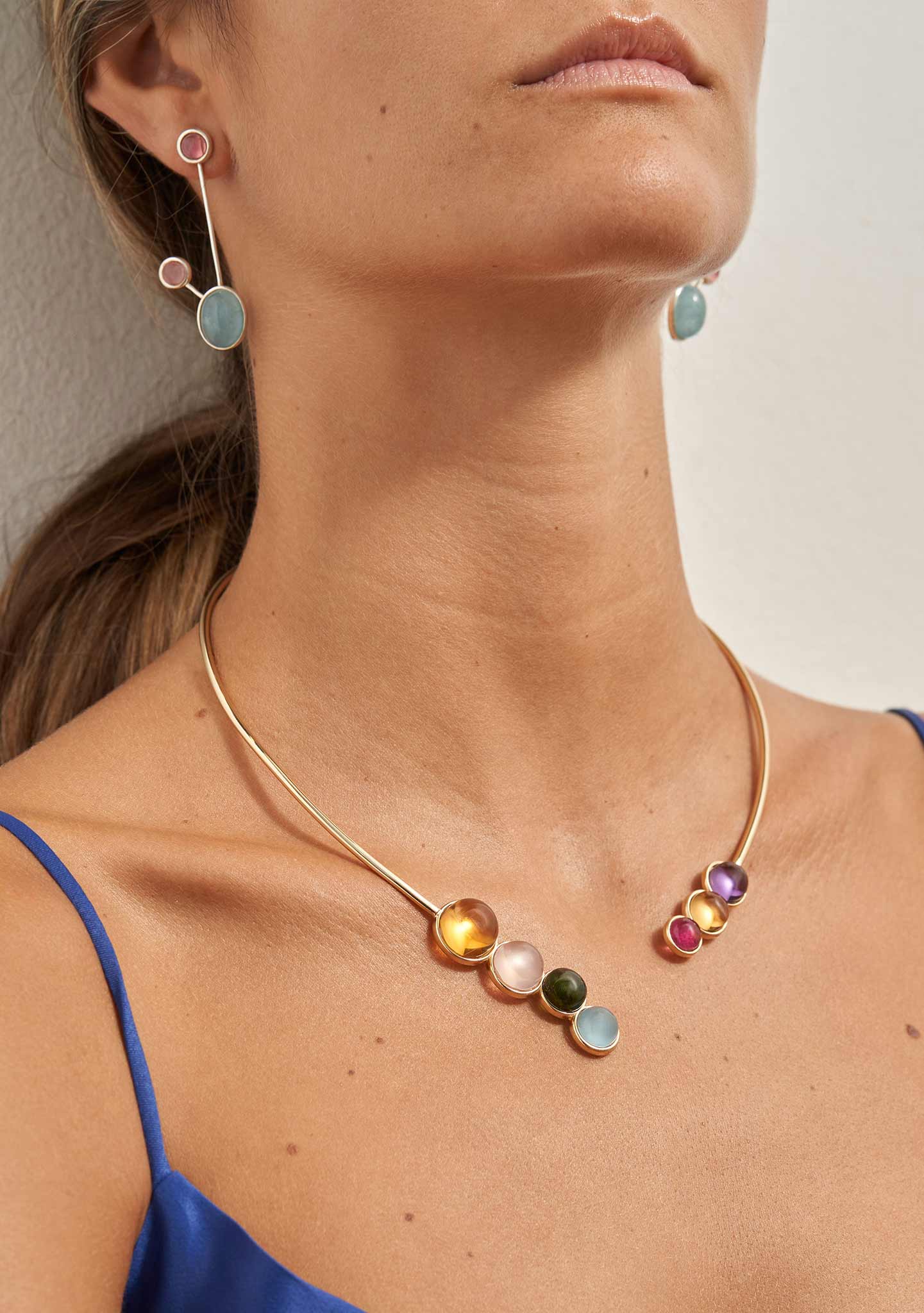 COLLAR PLATA BAÑADO EN ORO 18KT CON TURMALINA AMATISTA CITRINO C.ROSA Y AGUAMARINA