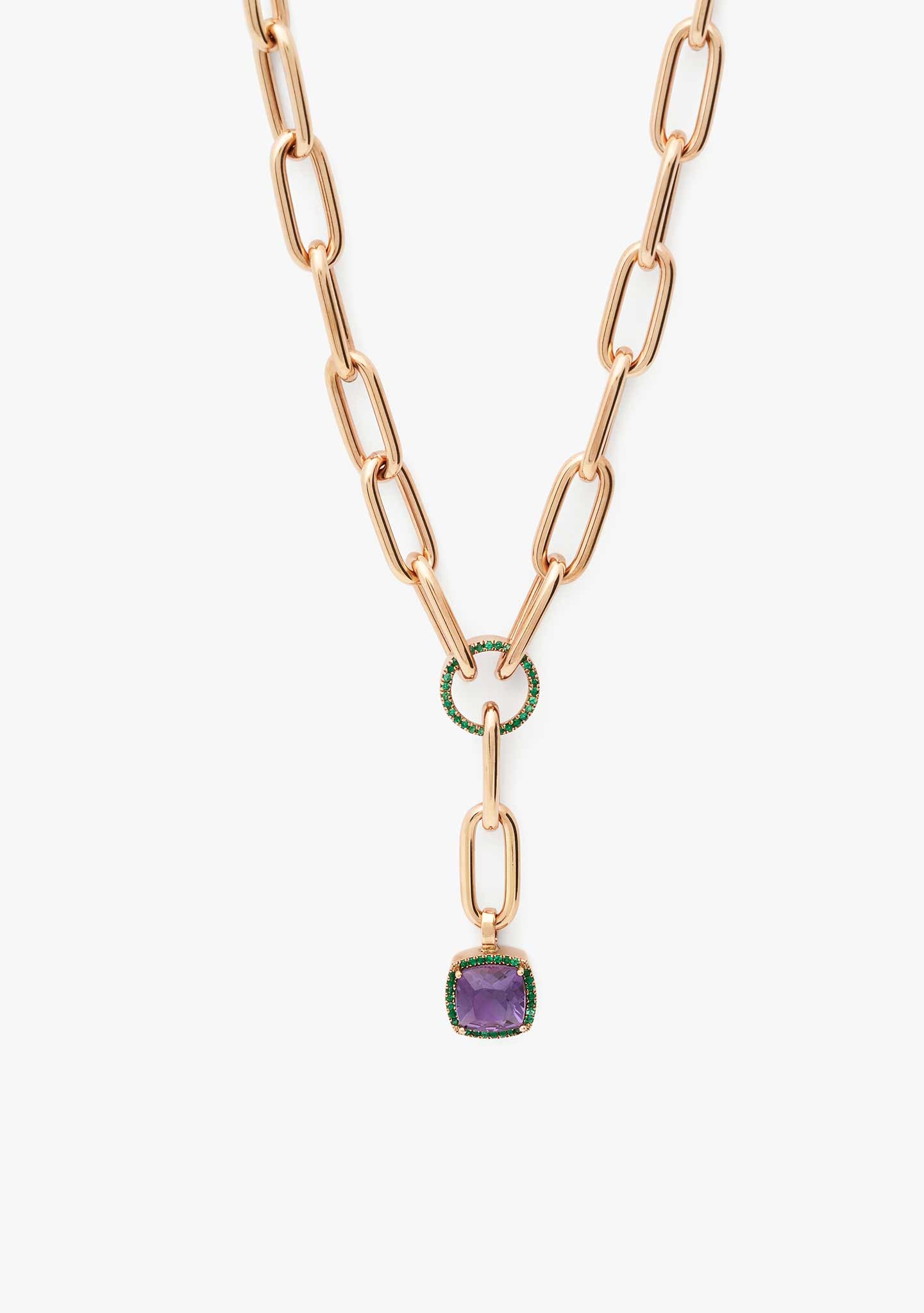COLLAR DE PLATA BAÑADO EN ORO ROSA 18 KT CON AMATISTAS Y CROMO DIOPSIDO