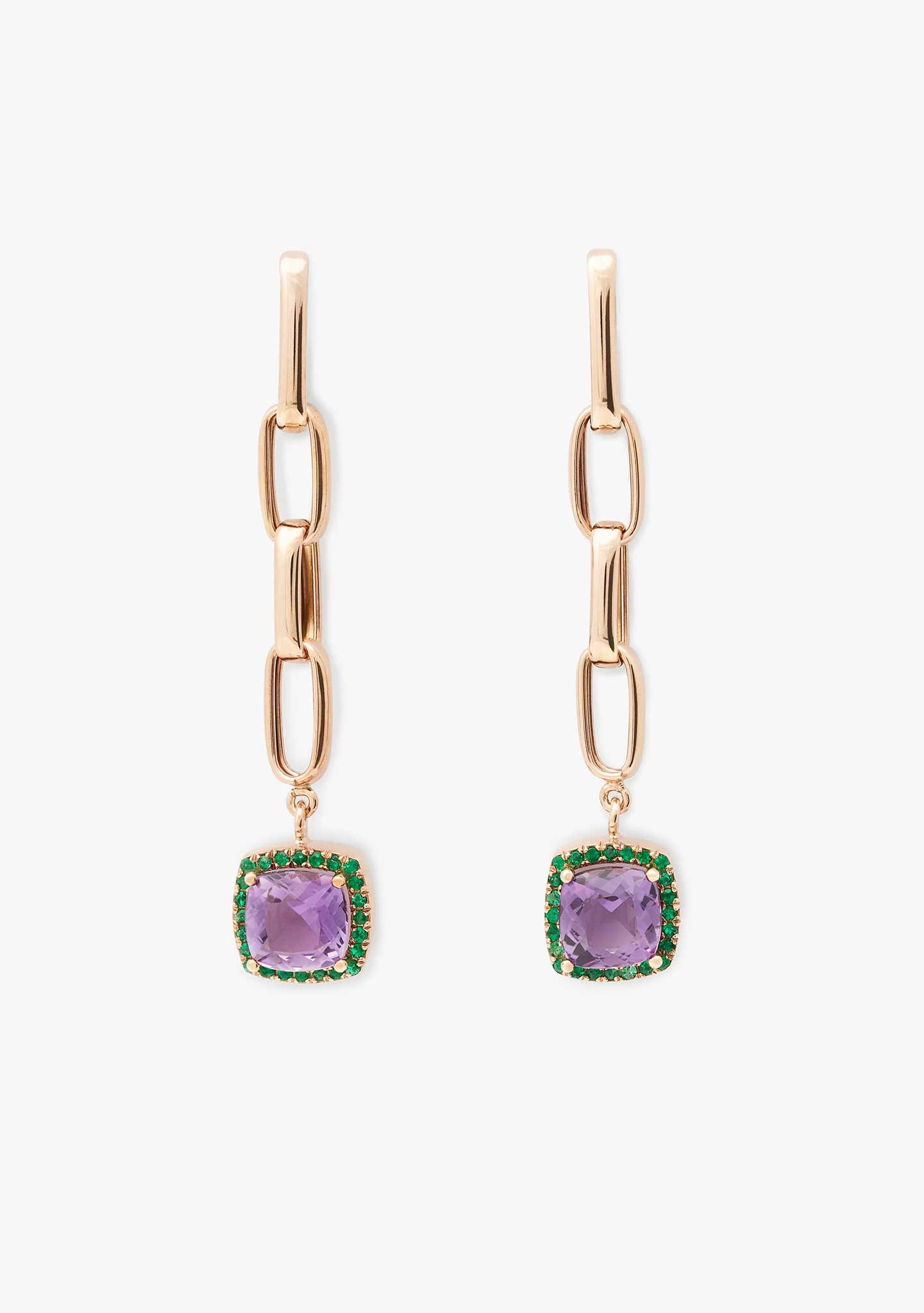 PENDIENTES ICON DE PLATA BAÑADO EN ORO ROSA 18KT CON AMATISTAS Y CROMO DIOPSIDO
