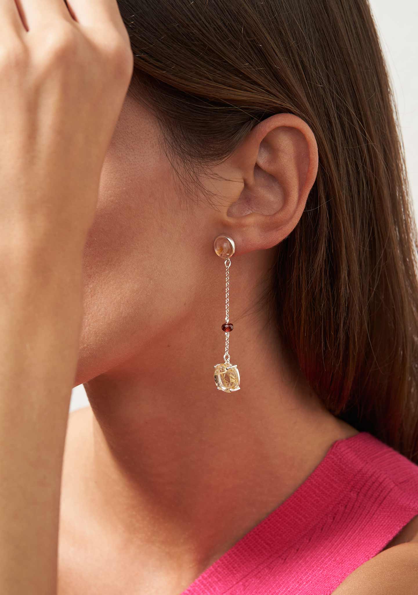 PENDIENTES PLATA BAÑADO EN PLATA CON TURMALINA Y CUARZO RUTILO