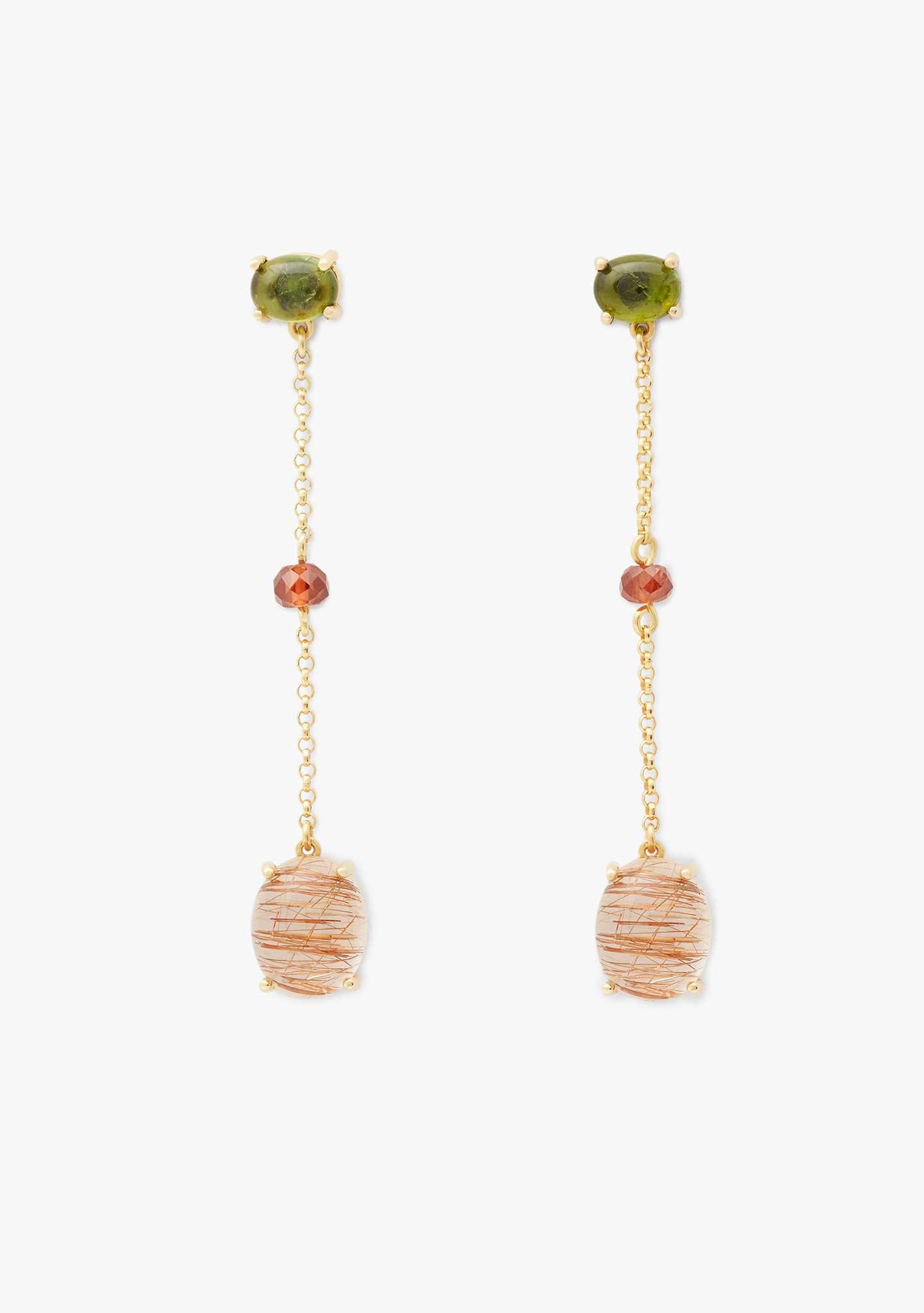 PENDIENTES CADENA PLATA BAÑADO EN ORO 18KT AMARILLO CON TURMALINA Y CUARZO RUTILO
