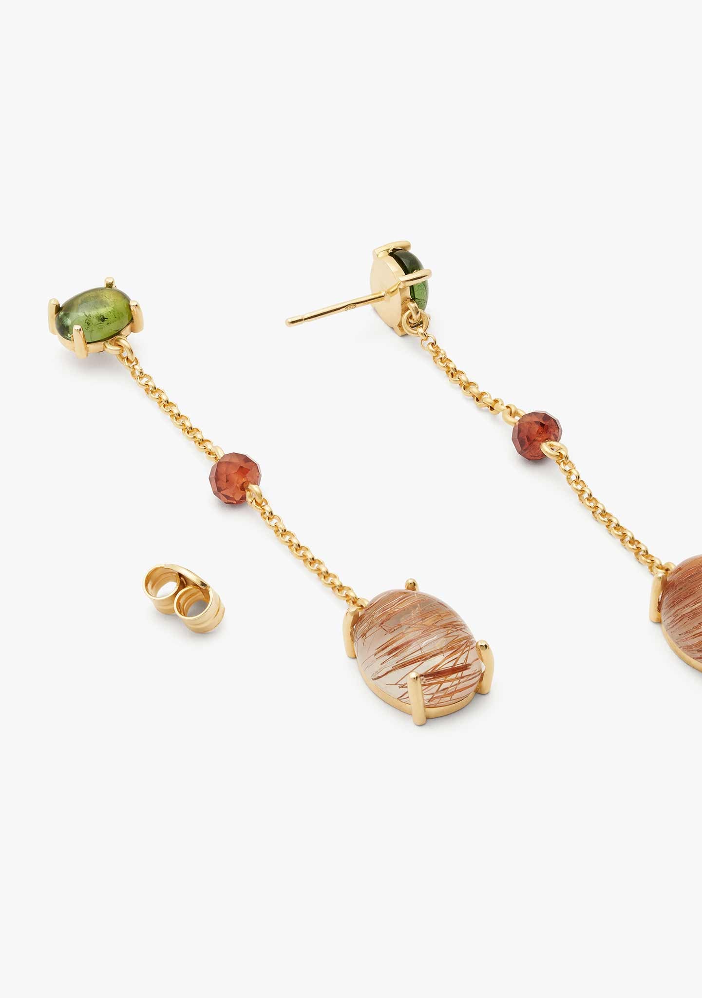 PENDIENTES CADENA PLATA BAÑADO EN ORO 18KT AMARILLO CON TURMALINA Y CUARZO RUTILO