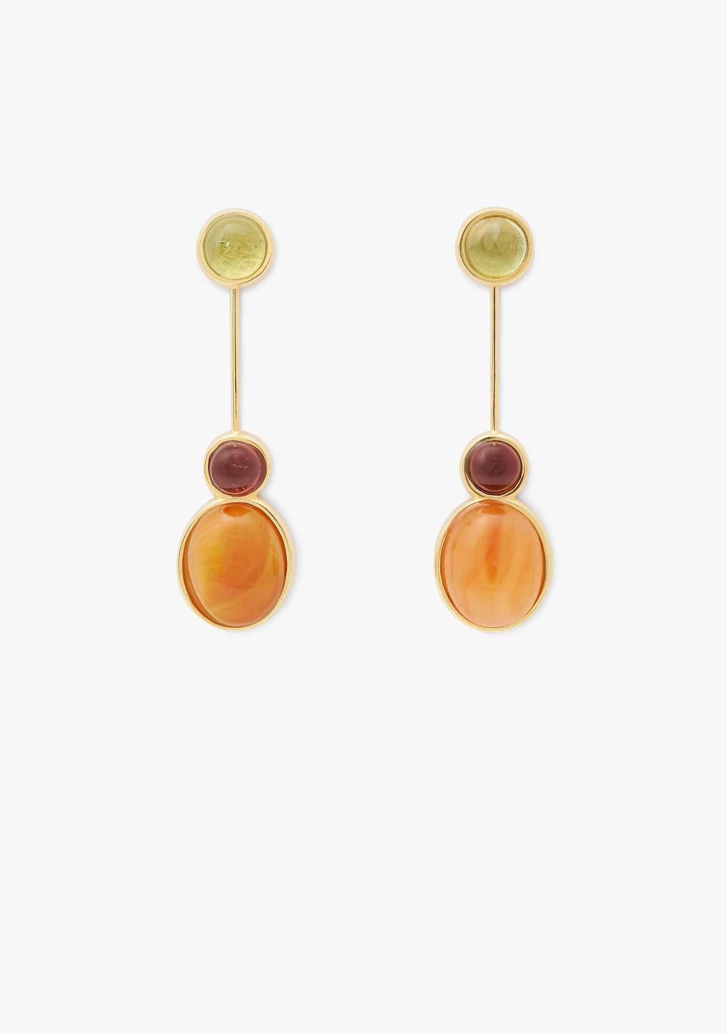 PENDIENTES DUO PLATA BAÑADO EN ORO 18KT AMARILLO CON TURMALINAS Y CORNALINA