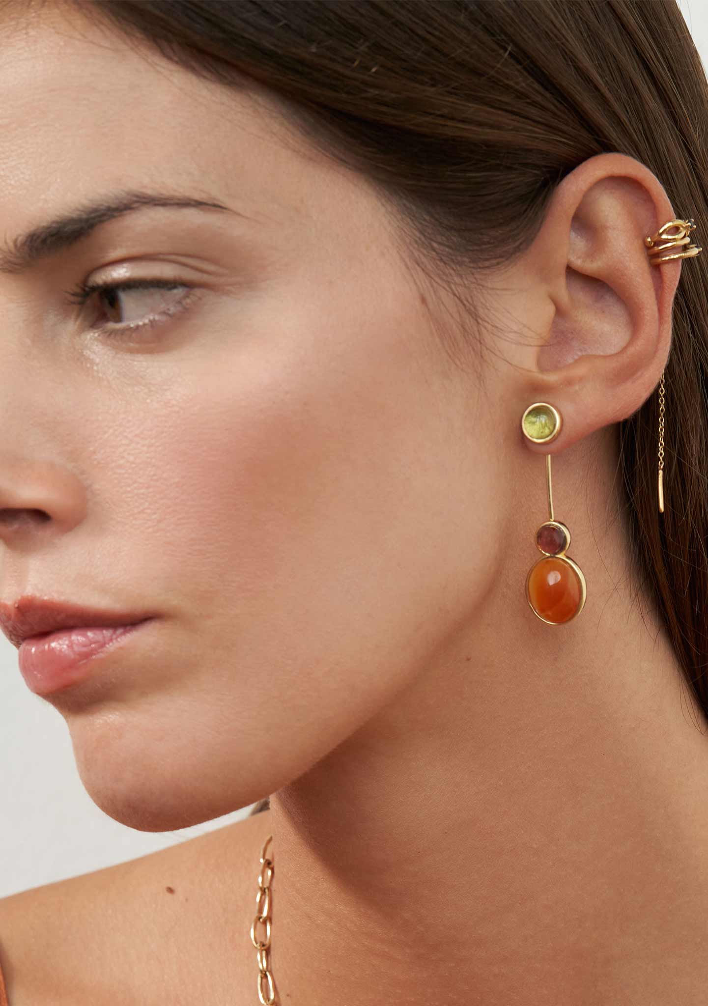 PENDIENTES DUO PLATA BAÑADO EN ORO 18KT AMARILLO CON TURMALINAS Y CORNALINA