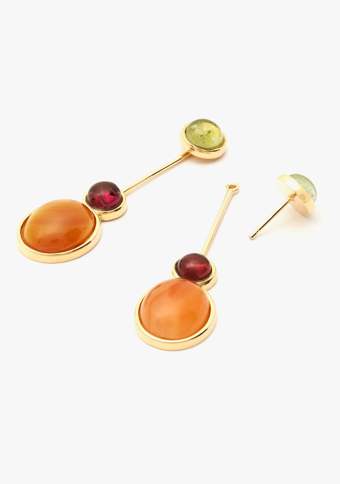 PENDIENTES DUO PLATA BAÑADO EN ORO 18KT AMARILLO CON TURMALINAS Y CORNALINA