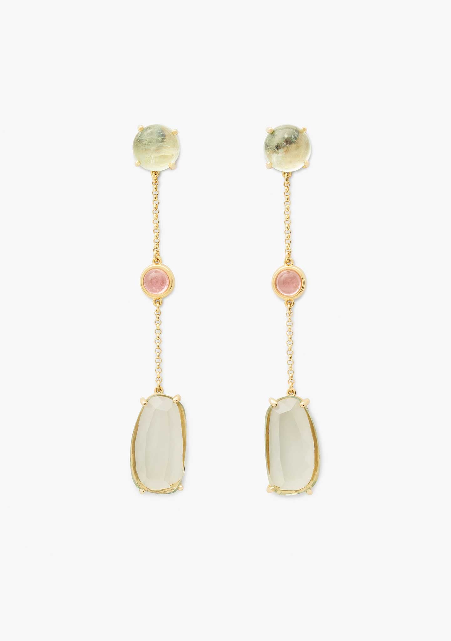 PENDIENTES CADENA PLATA BAÑADO EN ORO 18KT AMARILLO CON TURMALINA Y PRASIOLITA