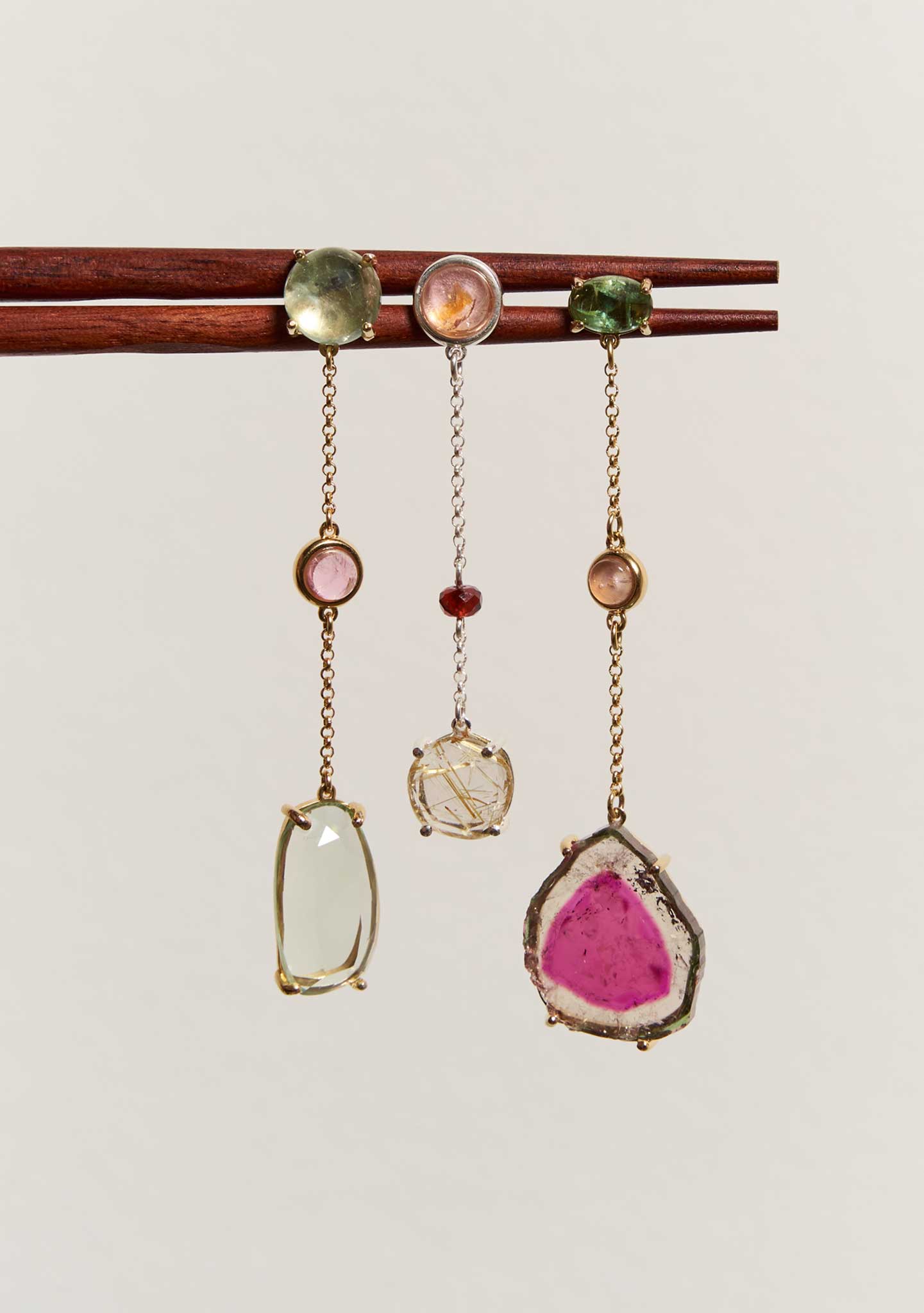 PENDIENTES CADENA PLATA BAÑADO EN ORO 18KT AMARILLO CON TURMALINA Y PRASIOLITA