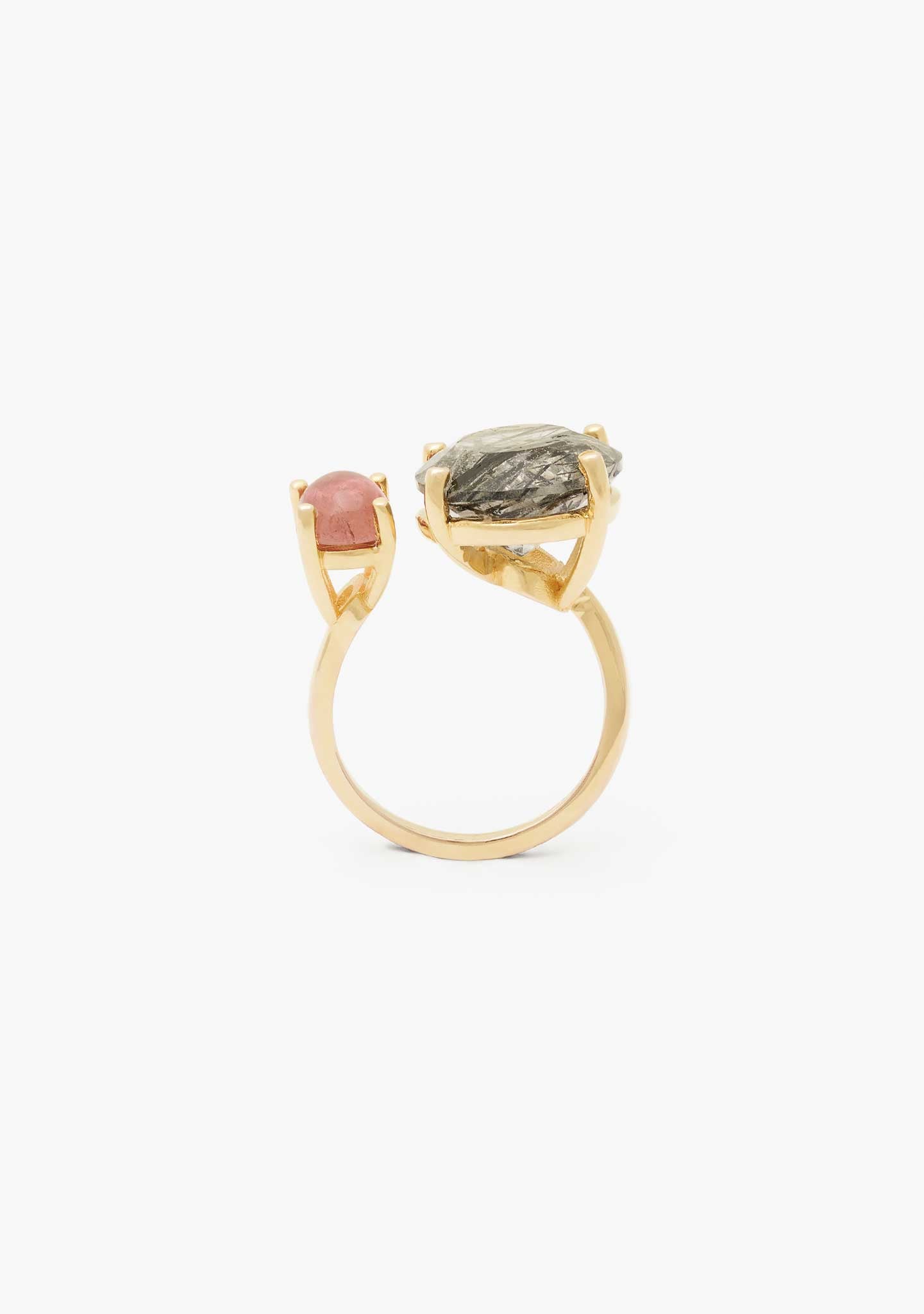 ANILLO PLATA BAÑADO EN ORO AMARILLO 18KT CON TURMALINA Y CUARZO TURMALINA