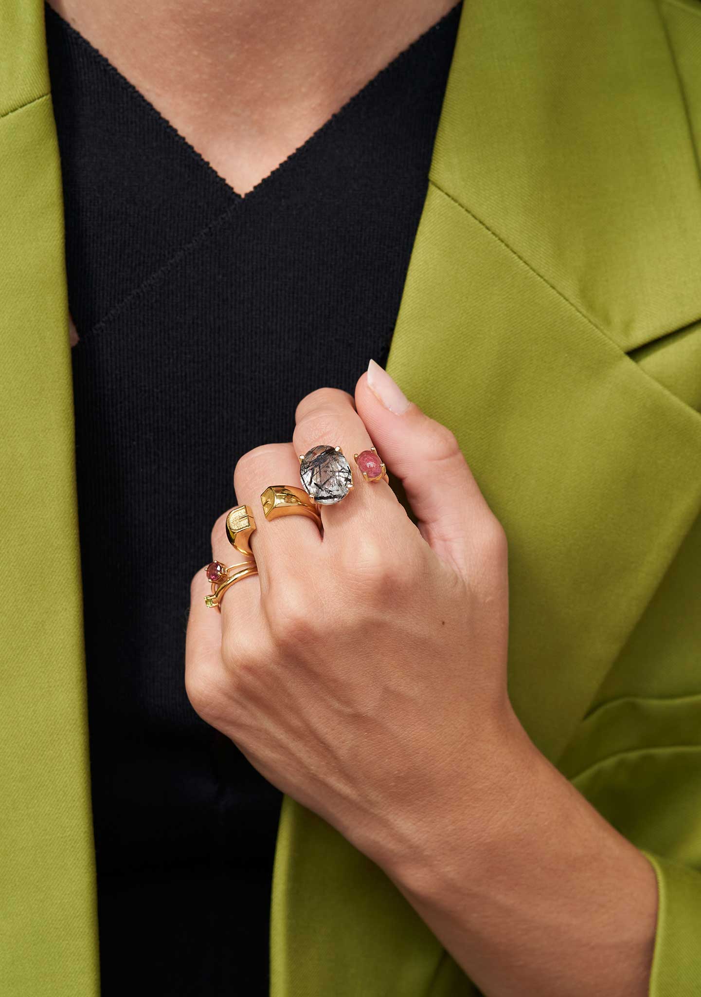 ANILLO PLATA BAÑADO EN ORO AMARILLO 18KT CON TURMALINA Y CUARZO TURMALINA