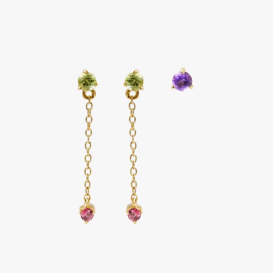 PACK PENDIENTES CADENA DE PLATA BAÑADO EN ORO 18 KT AMARILLO CON AMATISTA, PERIDOTO Y RODOLITA