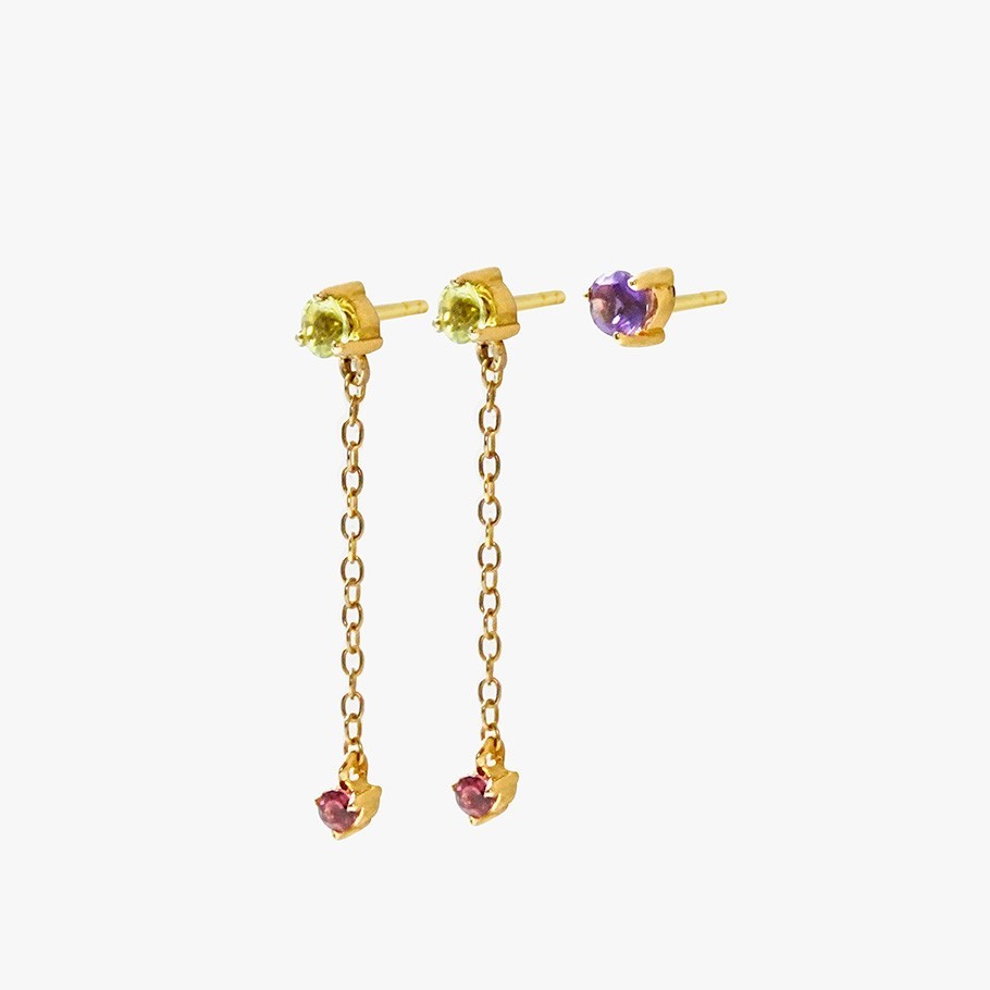 PACK PENDIENTES CADENA DE PLATA BAÑADO EN ORO 18 KT AMARILLO CON AMATISTA, PERIDOTO Y RODOLITA