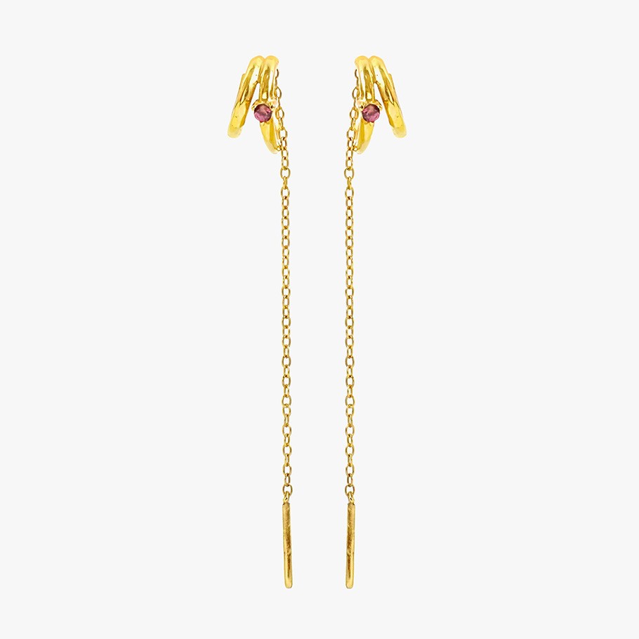 PENDIENTES DOBLE ARO CADENA DE PLATA BAÑADO EN ORO 18 KT AMARILLO Y RODOLITA
