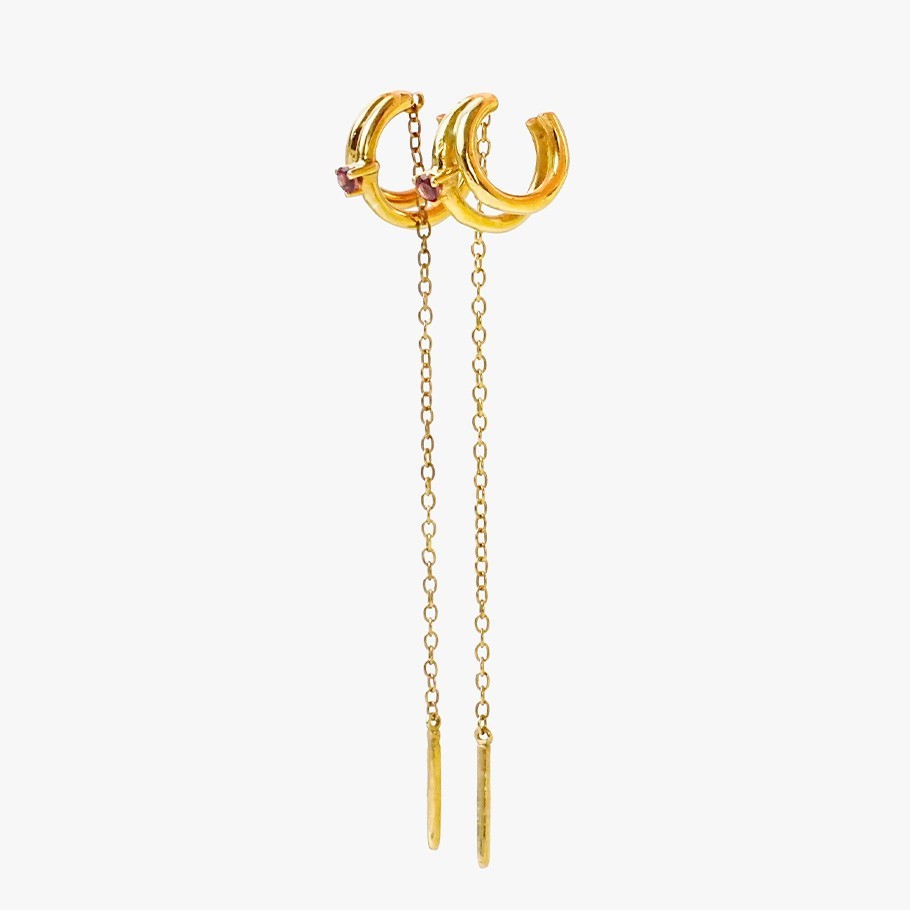 PENDIENTES DOBLE ARO CADENA DE PLATA BAÑADO EN ORO 18 KT AMARILLO Y RODOLITA