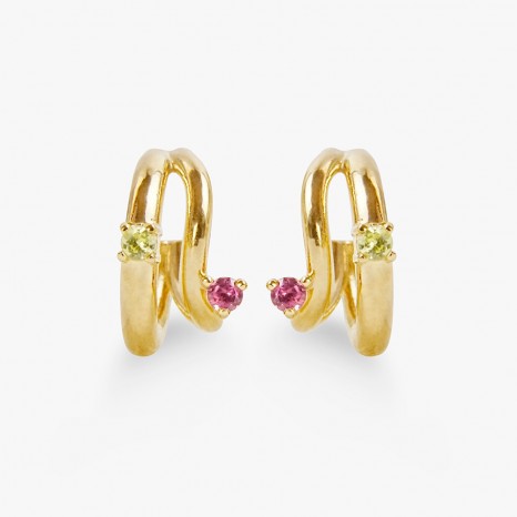 PENDIENTES DOBLE ARO DE PLATA BAÑADO EN ORO 18 KT AMARILLO CON PERIDOTO Y RODOLITA