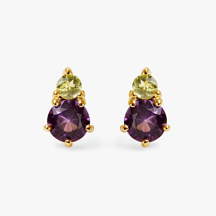 PENDIENTES DE PLATA BAÑADO EN ORO 18 KT AMARILLO CON CUARZO LEMON Y AMATISTA
