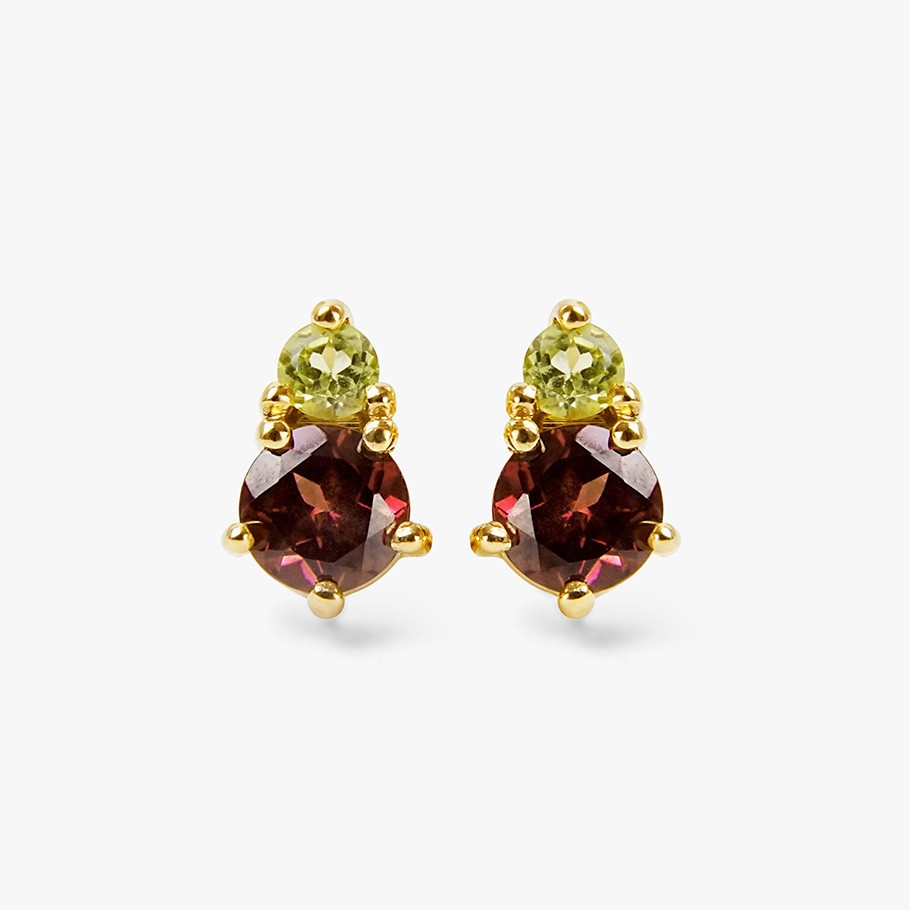 PENDIENTES DE PLATA BAÑADO EN ORO 18 KT AMARILLO CON PERIDOTO Y RODOLITA
