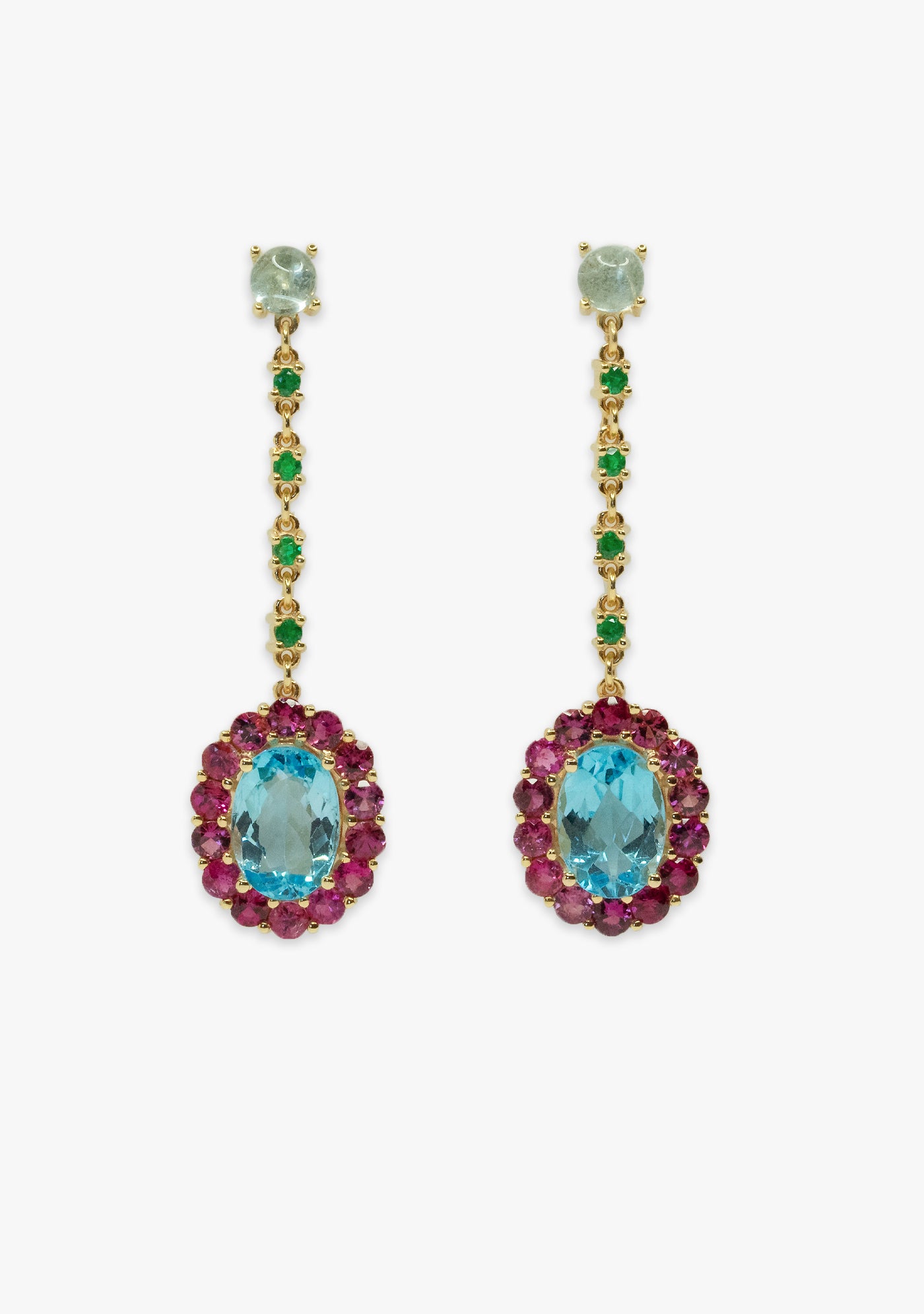 PENDIENTES FASHION PLATA BAÑADO EN ORO 18KT AMARILLO Y TOPACIO,RODOLITAS Y CROMO DIOPSIDO